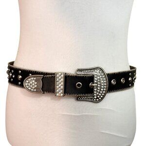 Kathy Van Zeeland Studded Belt Y2K Sz S Rocker Biker Rhinestone Statement Buckle
